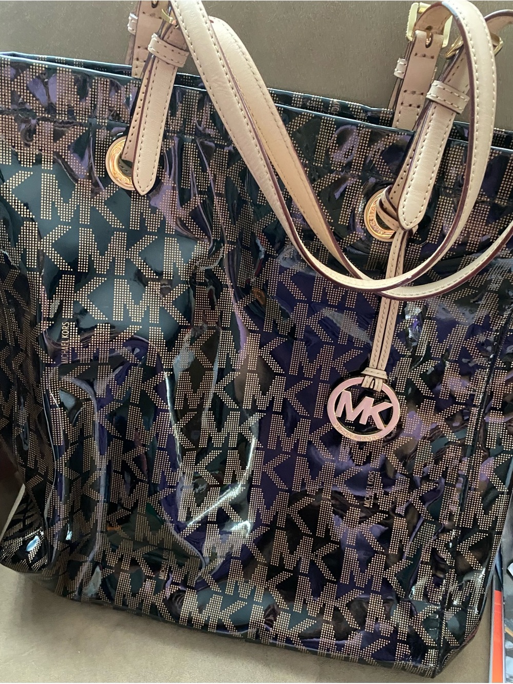 Michael Kors Navy and Cream MK Logo Tote with Gold Accent